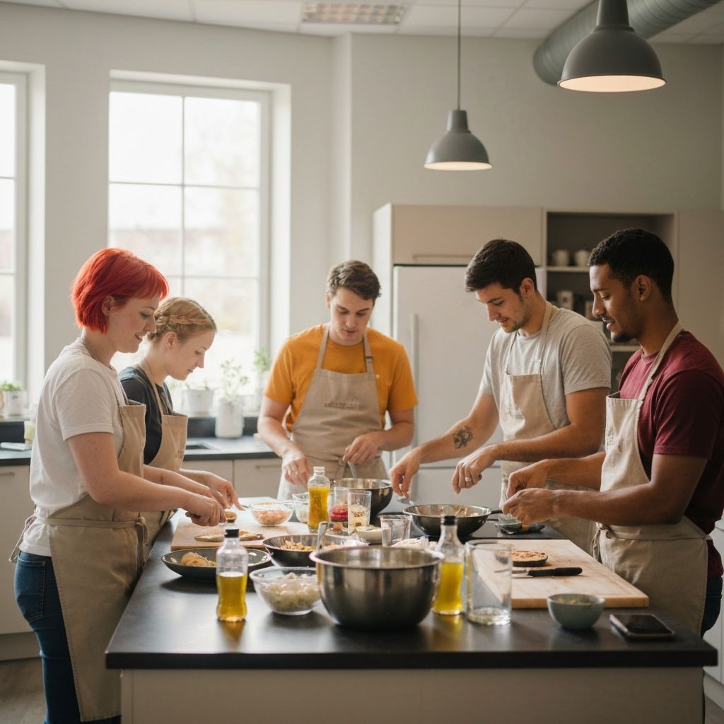 Young adults learning cooking and life skills in a kitchen